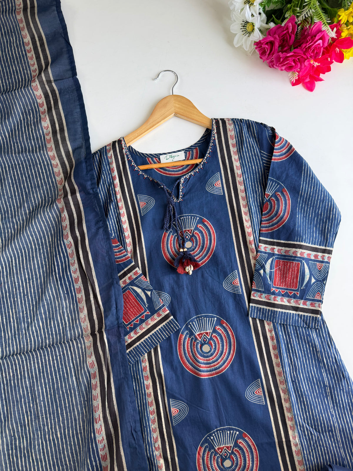 K607 - Mul cotton embroidered straight Kurti with pants and dupatta
