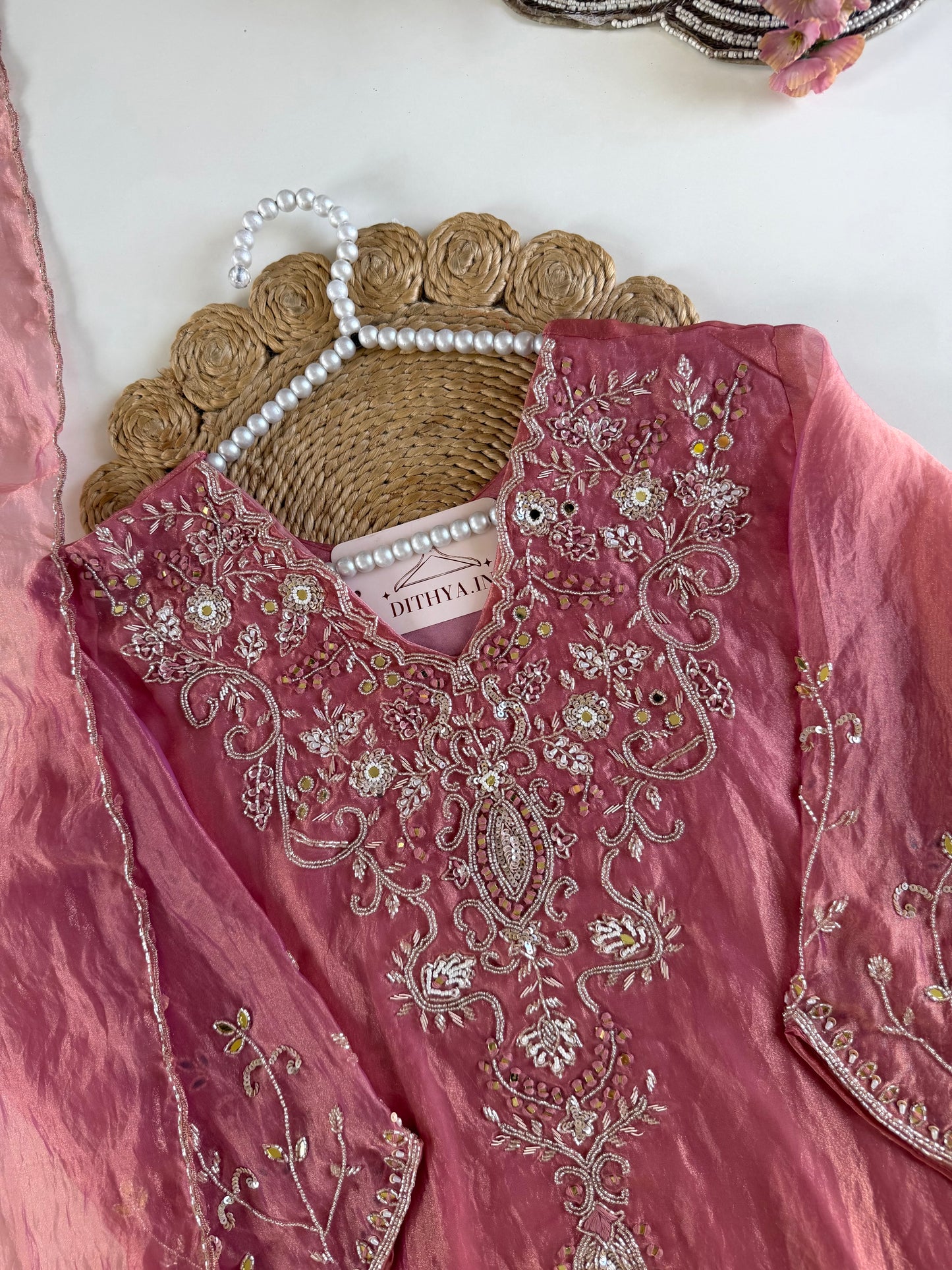 K599 -Glass tissue silk handwork aline Kurti with pants and dupatta