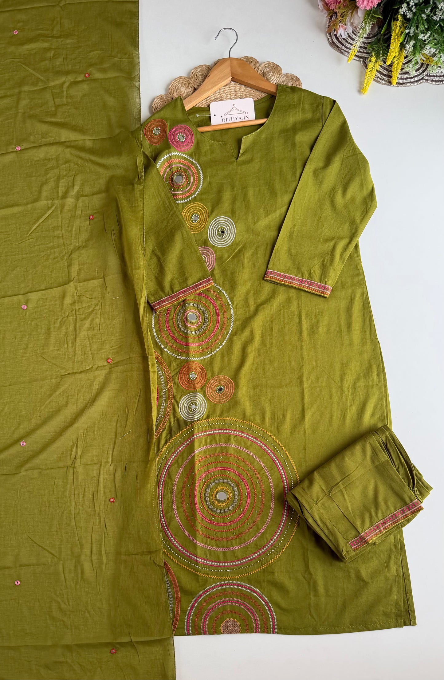 K668 - Mul cotton embroidered straight Kurti with pants and dupatta