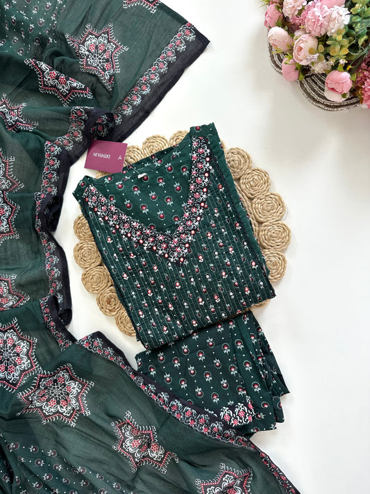 K020 - Mul cotton floral Aline Kurti with pants and dupatta