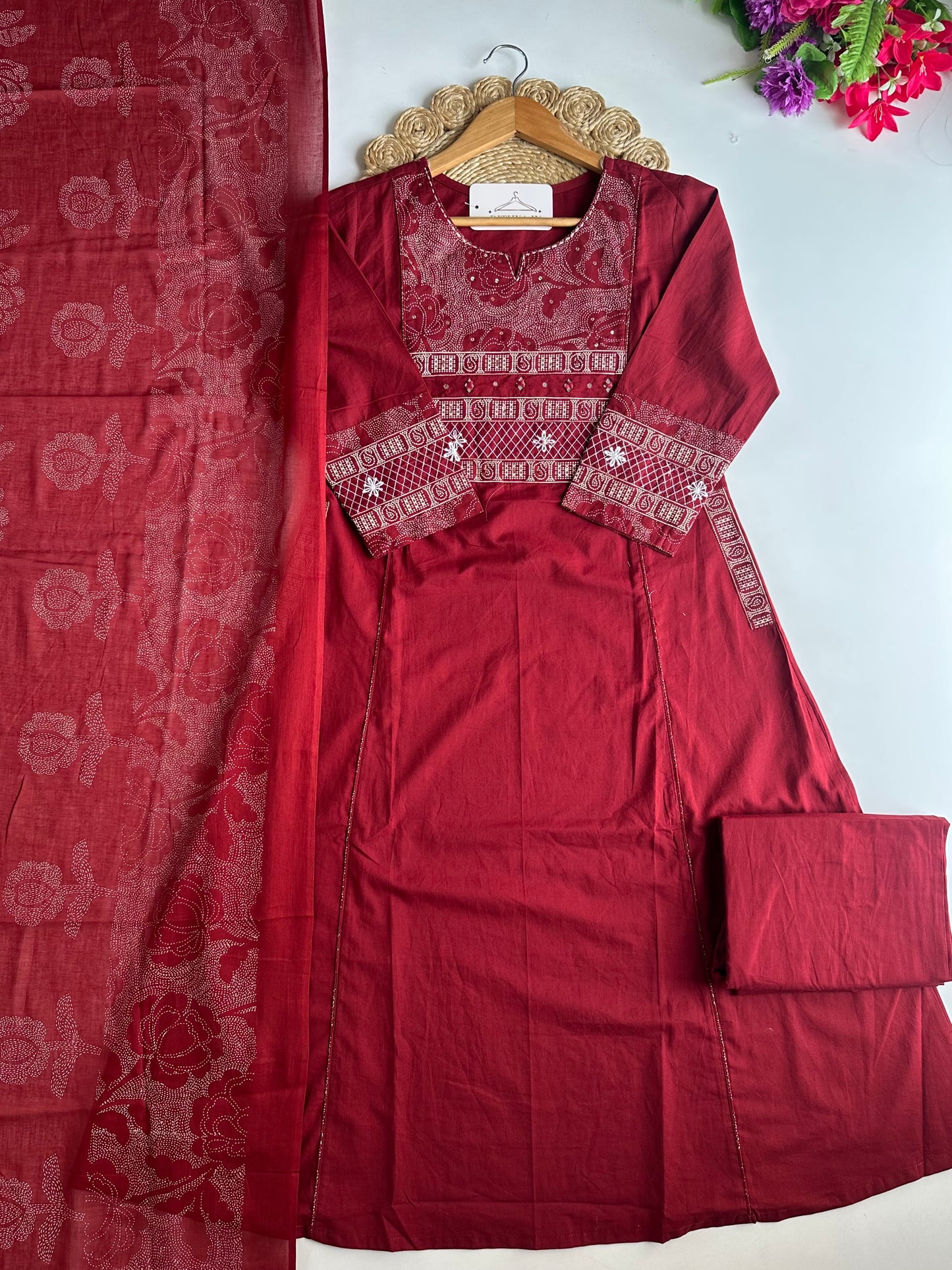 K669 - Mul cotton embroidered Aline Kurti with pants and dupatta