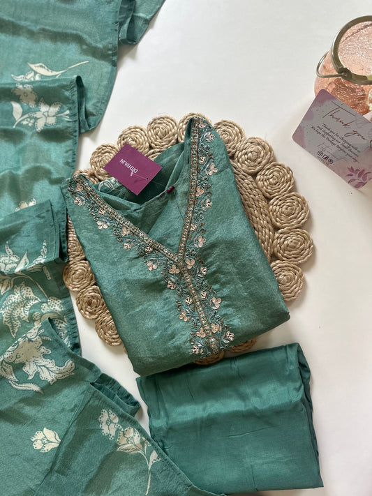 K288 - Tissue silk floral straight kurti with pants and dupatta .
