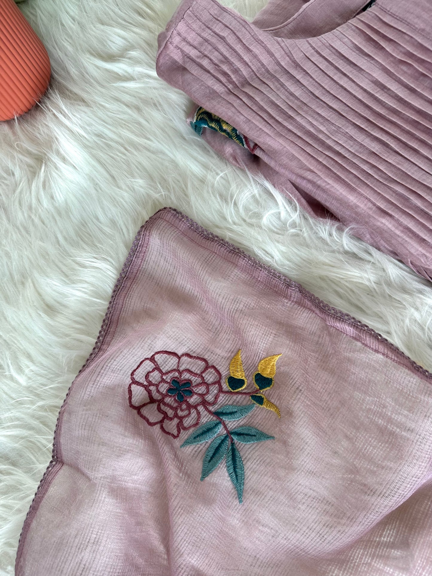 K294 - Mul Chanderi Appliqué work Aline Kurti with pants and dupatta in 2 colours