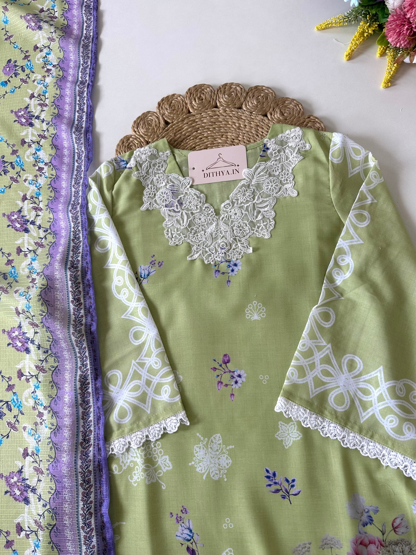 K023 - Mul cotton embroidered straight kurti with pants and dupatta