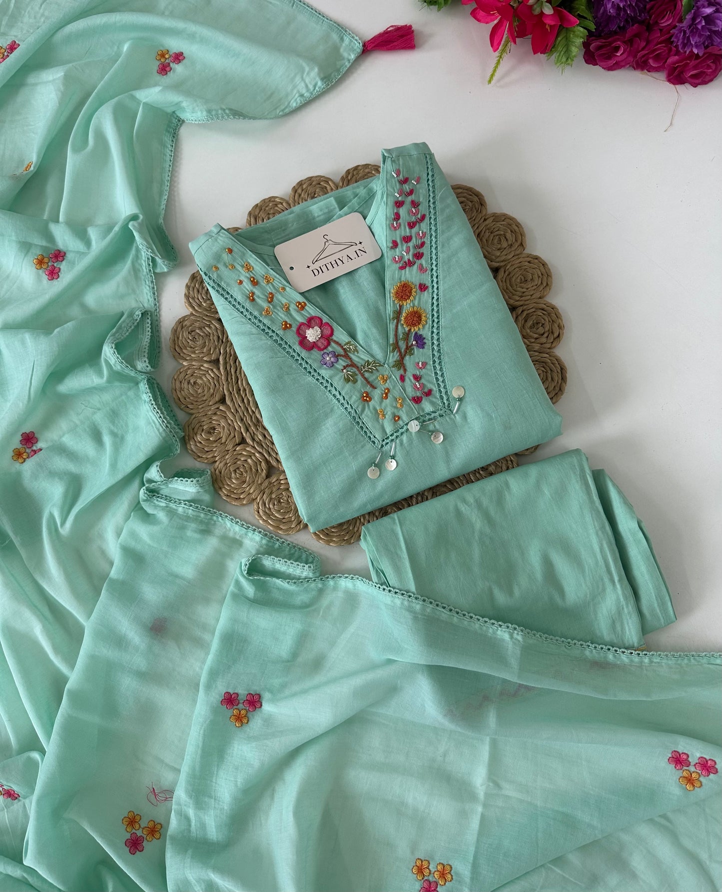 K580 - Mul cotton embroidered Aline Kurti with pants and dupatta