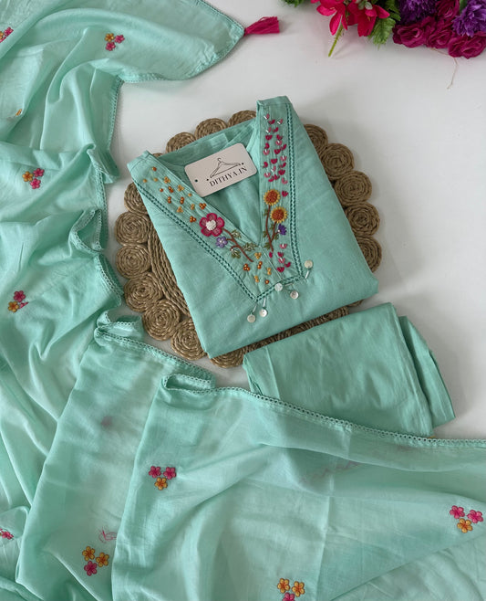 K580 - Mul cotton embroidered Aline Kurti with pants and dupatta