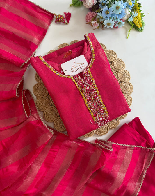 K683 - Self tissue silk handwork aline Kurti with pants and dupatta