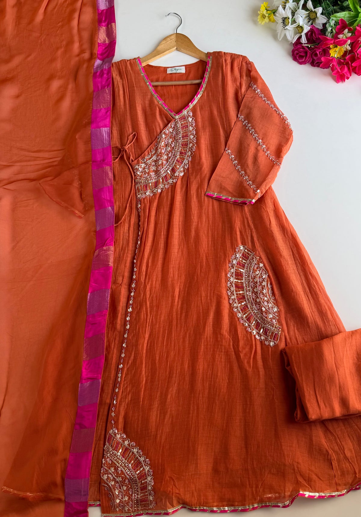K111 - Banarasi mul chanderi handwork angrakha Anarkali with pants and dupatta
