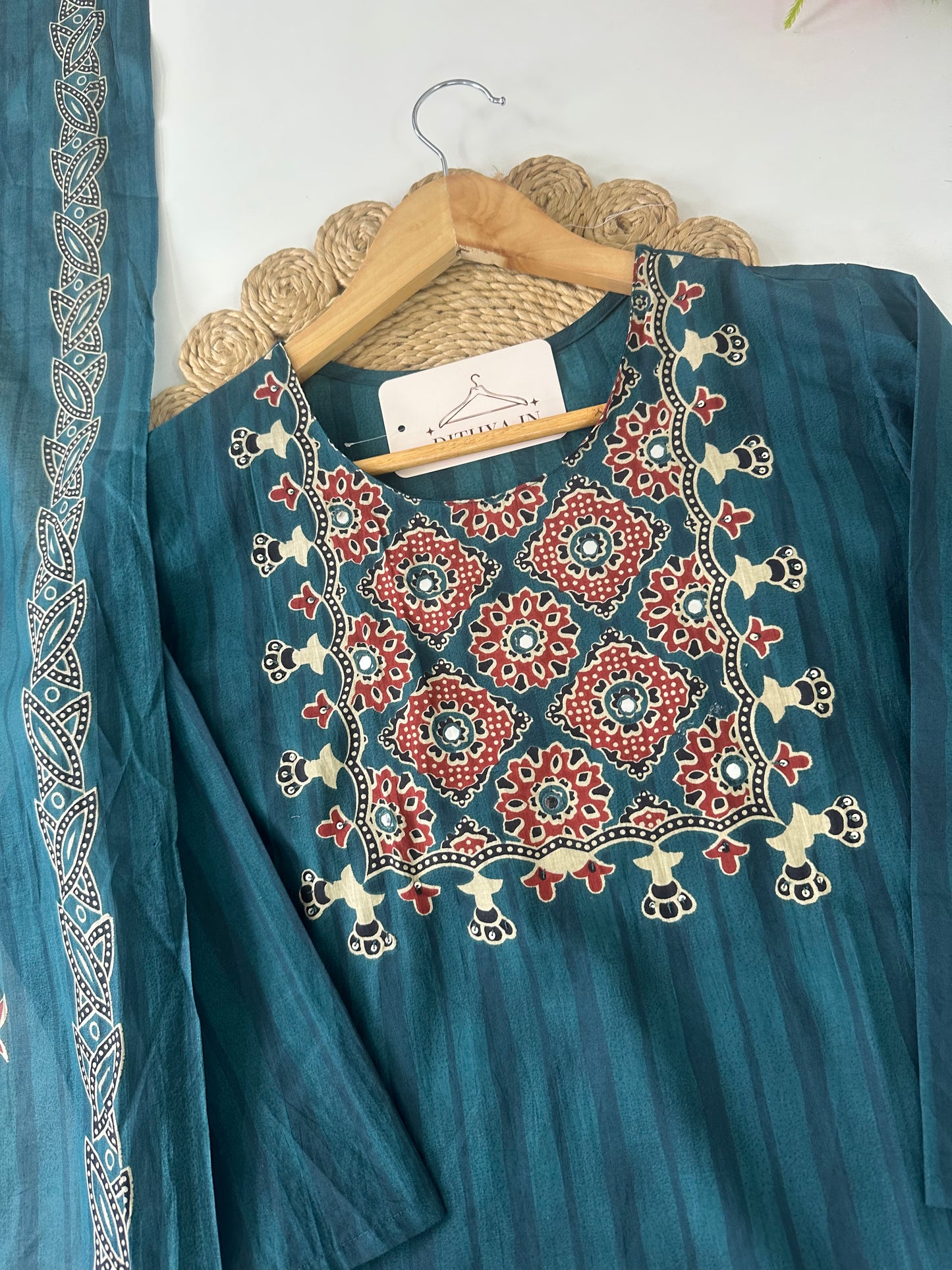 K100 - Mul cotton printed straight Kurti with pants and dupatta