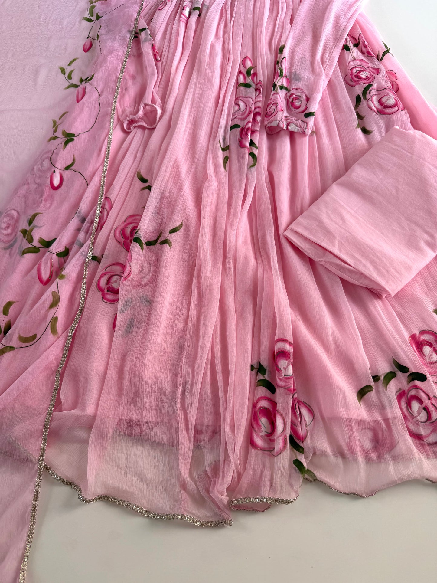 K428 - Pure Chinnon floral Anarkali with pants and dupatta