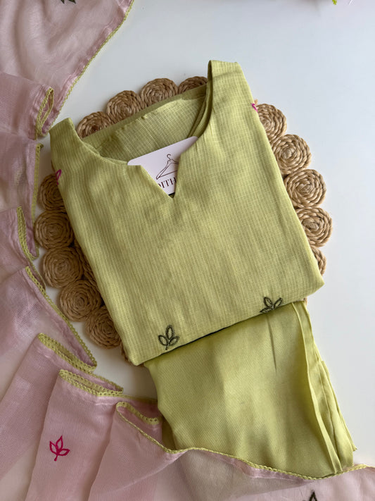 K077 - Kota doriya embroidered Aline Kurti with pants and dupatta