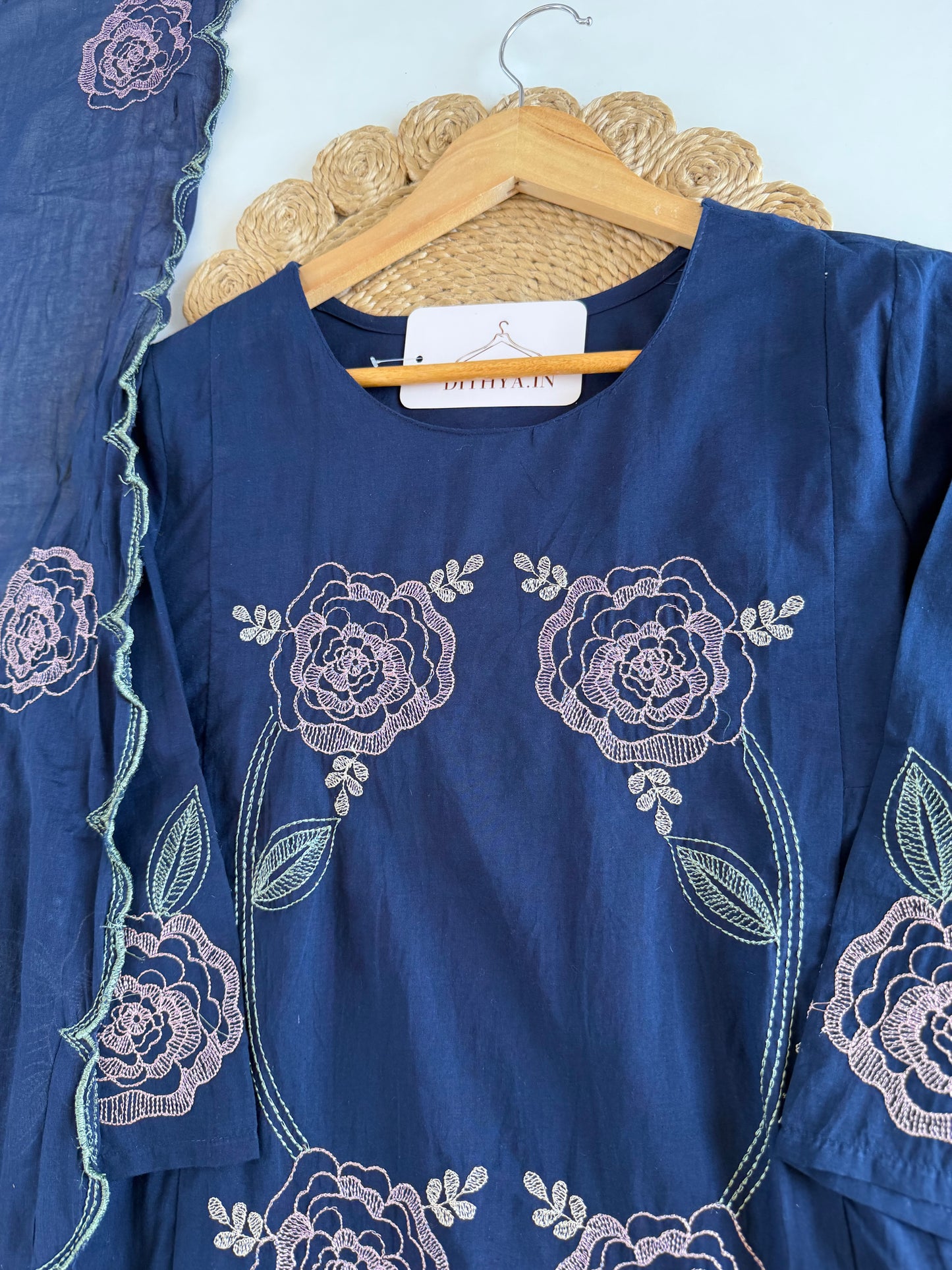 K681 - Mul cotton embroidered Aline Kurti with pants and dupatta