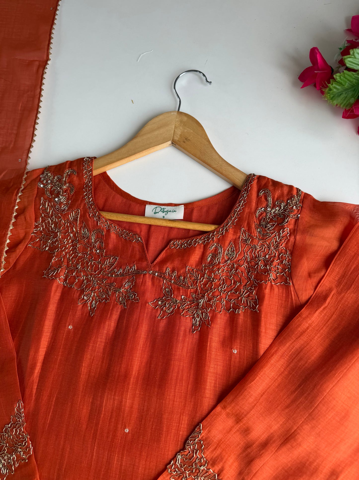 K553 - Mul chanderi handwork aline Kurti with pants and dupatta