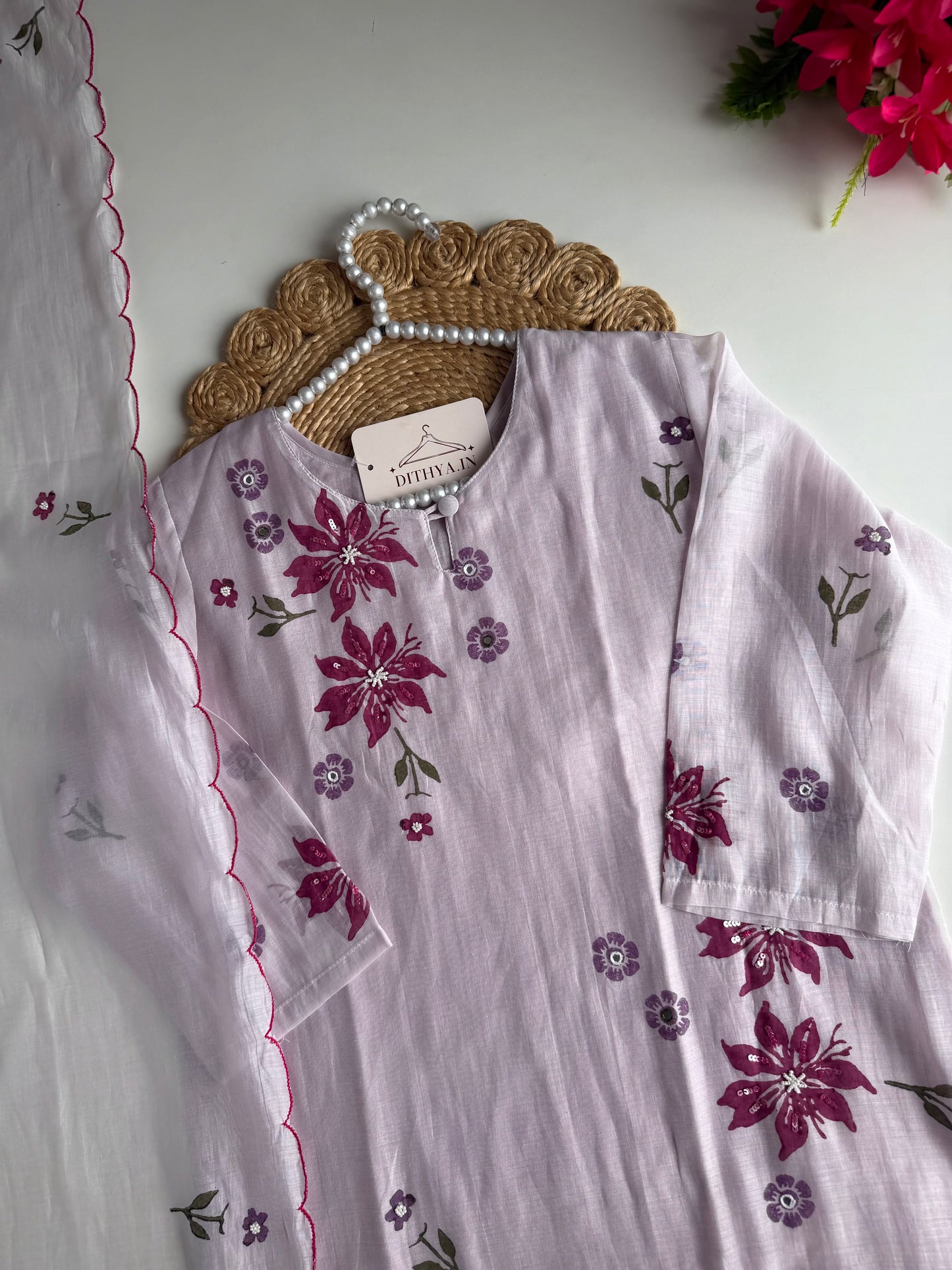 K012 - Mul Chanderi handwork straight Kurti with pants and dupatta