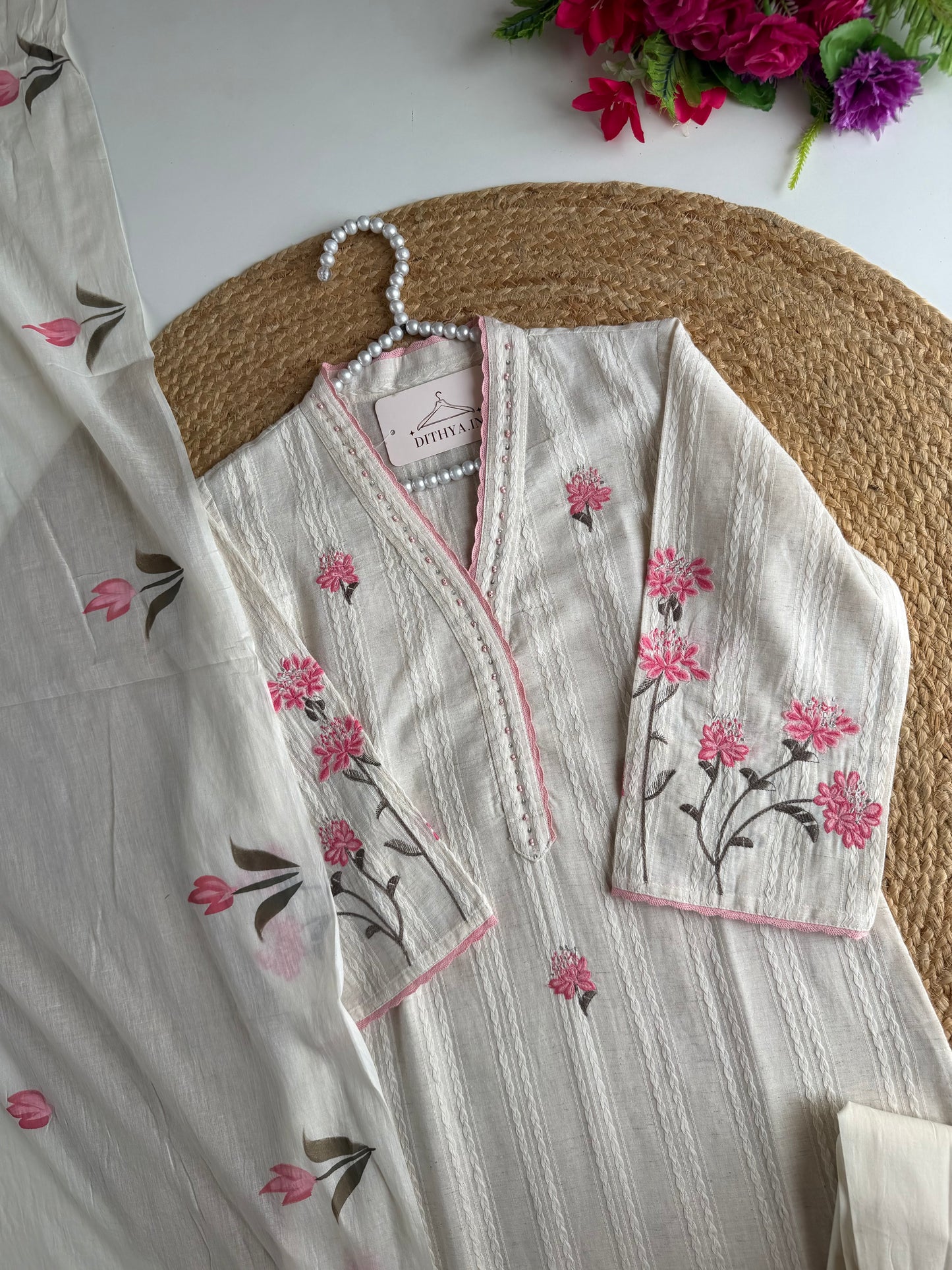 K119 - Linen cotton embroidered straight Kurti with pants and dupatta