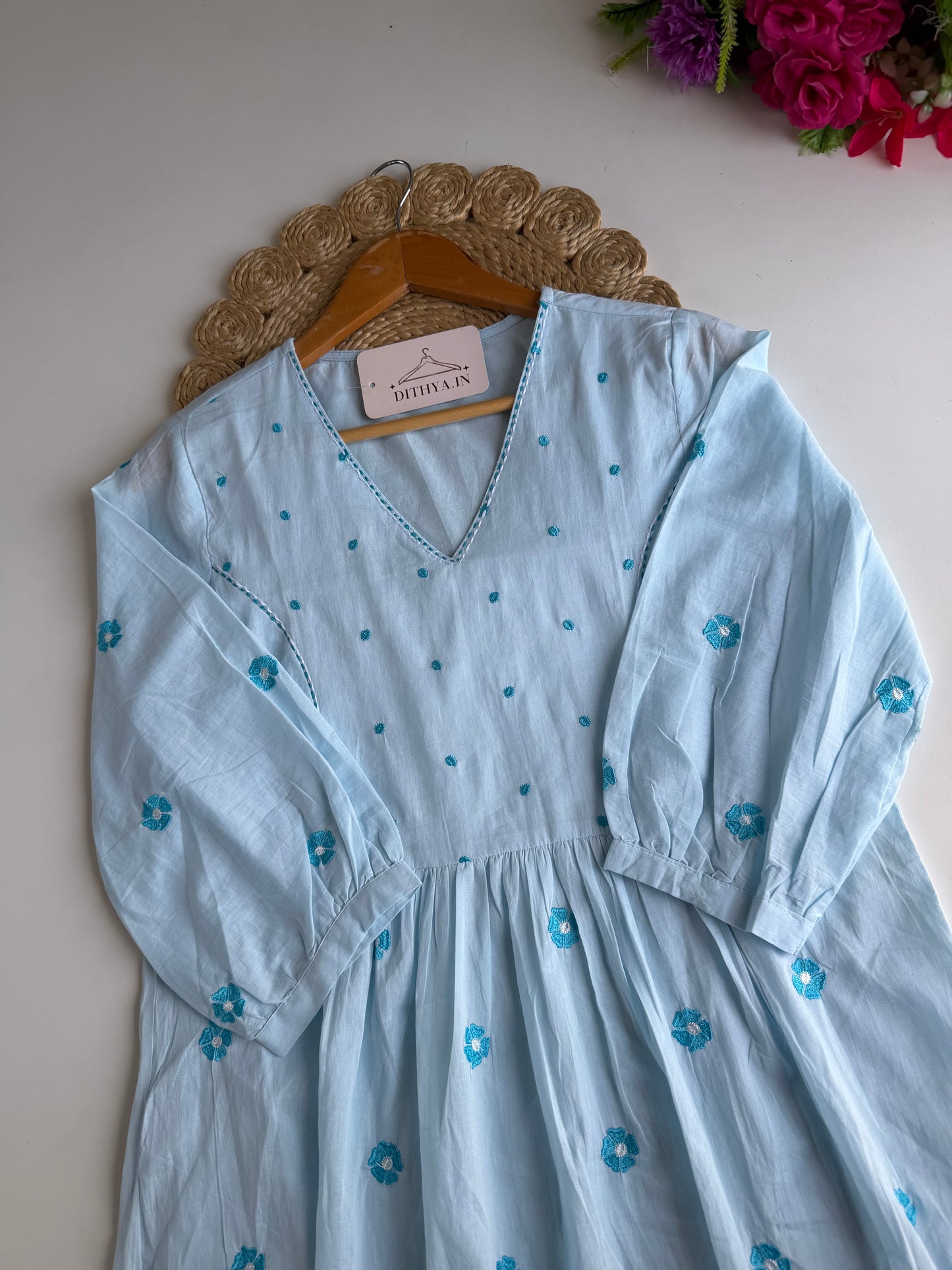 K714 - Mul cotton embroidered Aline Kurti with pants