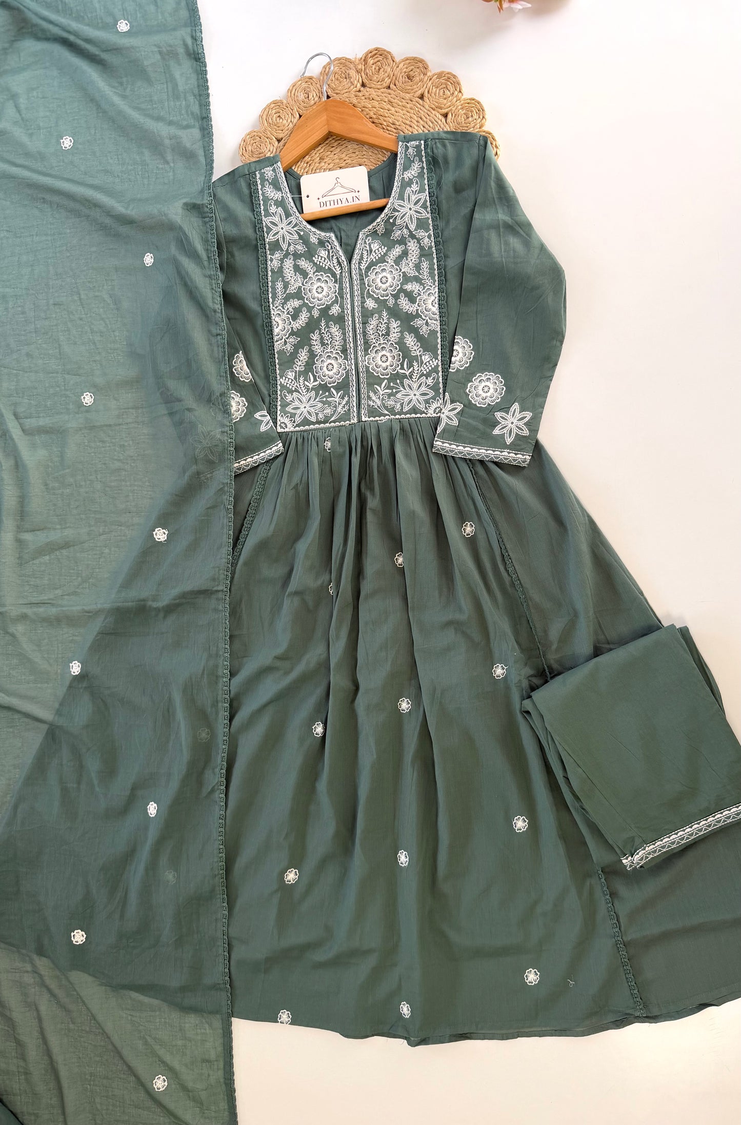 K367 - Mul cotton embroidered Anarkali with pants and dupatta