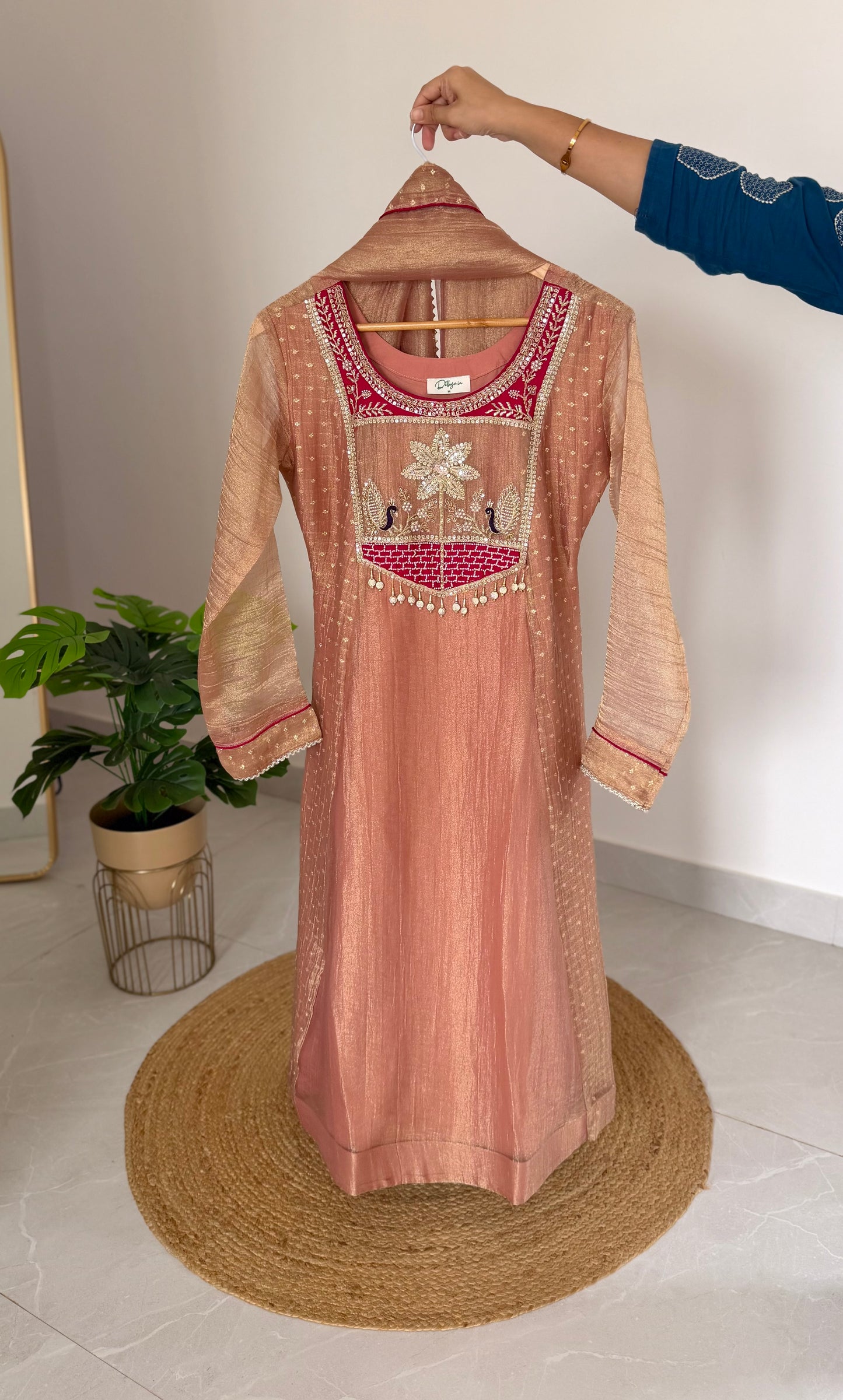K542 - Tissue silk handwork Anarkali with pants and dupatta in 2 colours