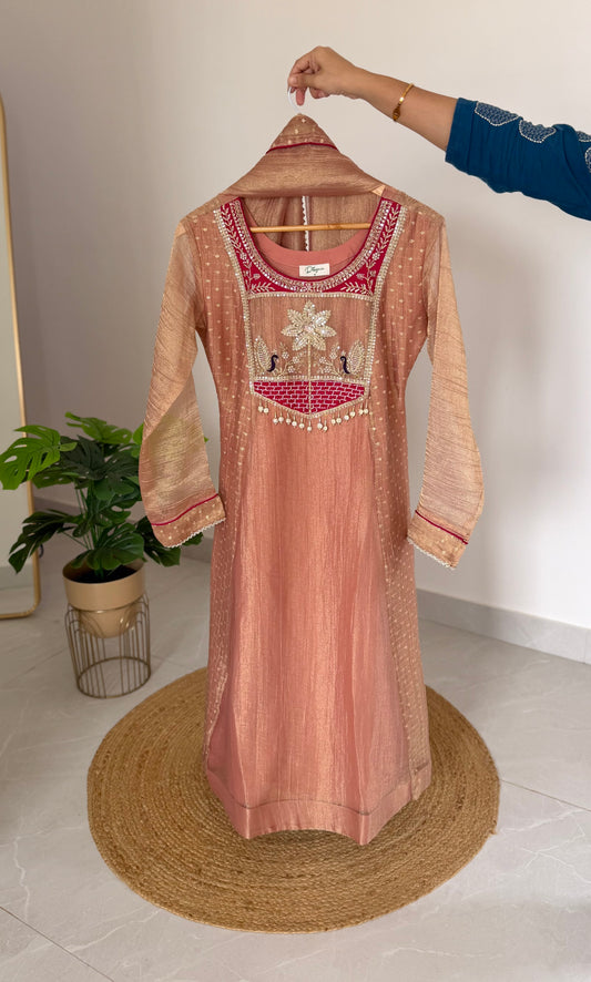 K542 - Tissue silk handwork Anarkali with pants and dupatta in 2 colours
