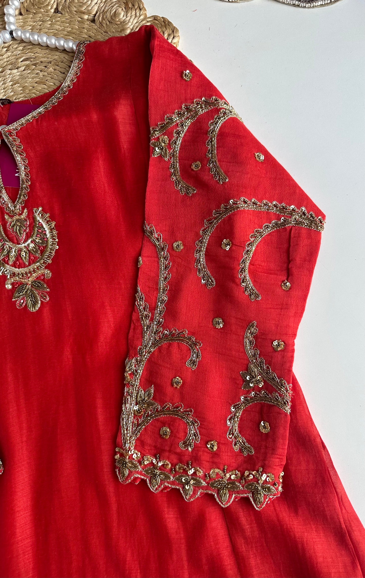 K035 - Mul Chanderi Handwork Aline Kurti with pants and dupatta