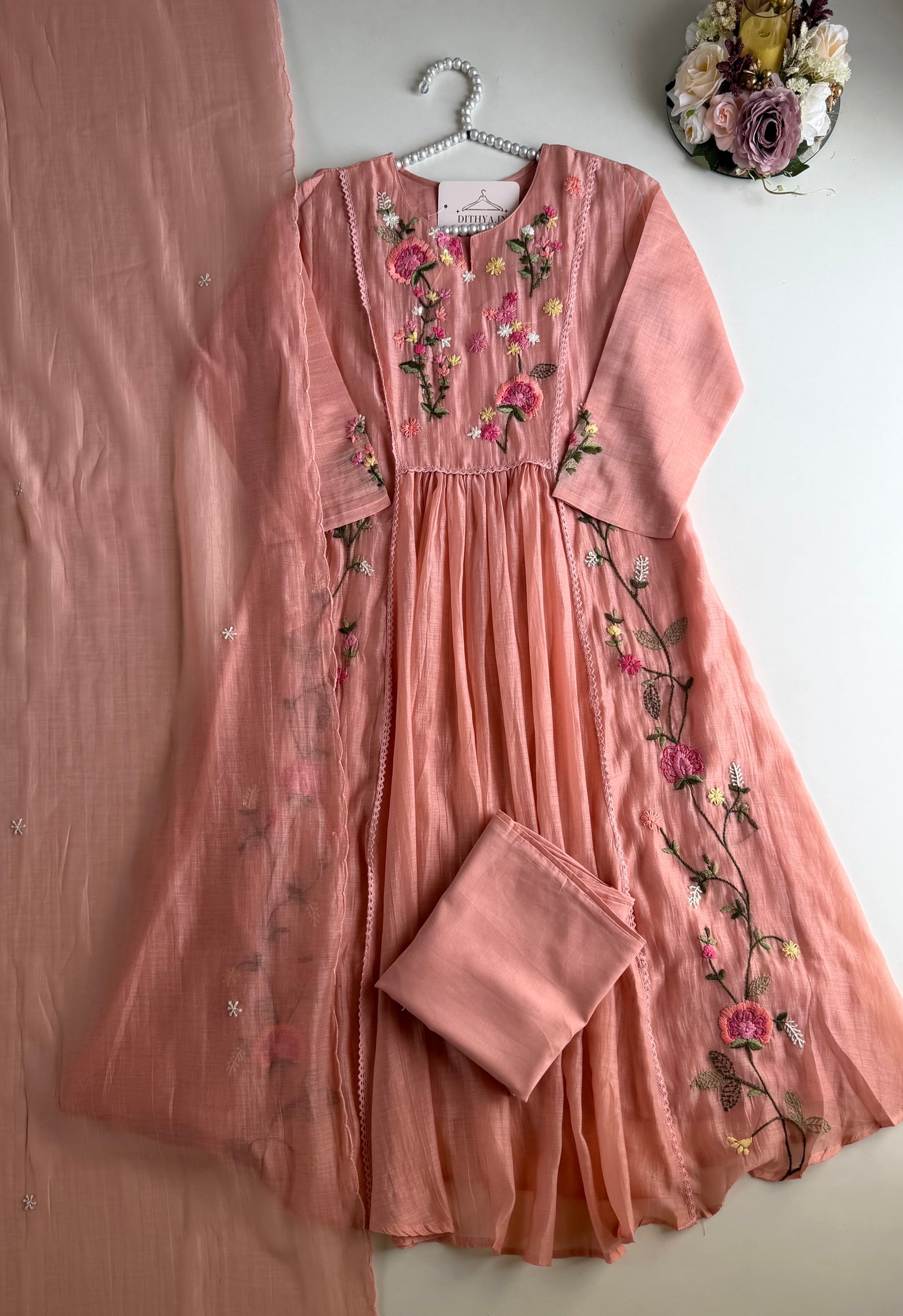 K456 - Mul chanderi embroidered Anarkali with pants and dupatta