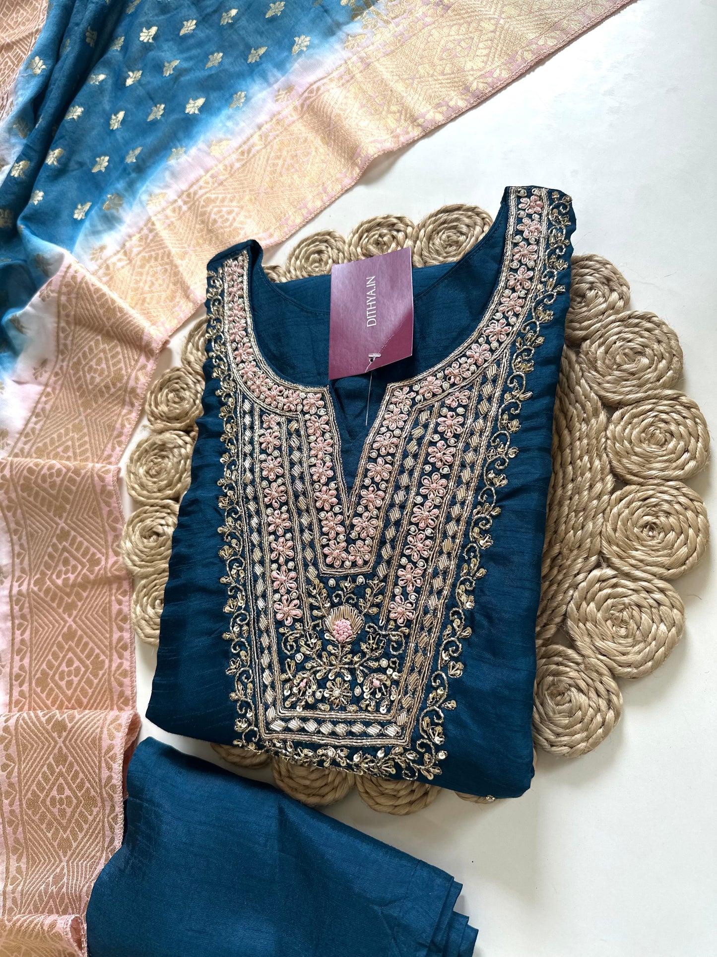 K309 - Zardosi work Russian silk straight kurti with pants and Banarasi silk dupatta .