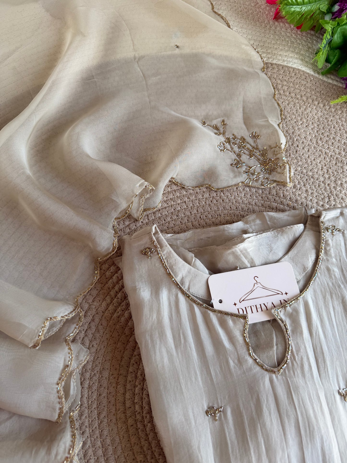 K736 - Pure crape handwork Aline Kurti with pants and dupatta