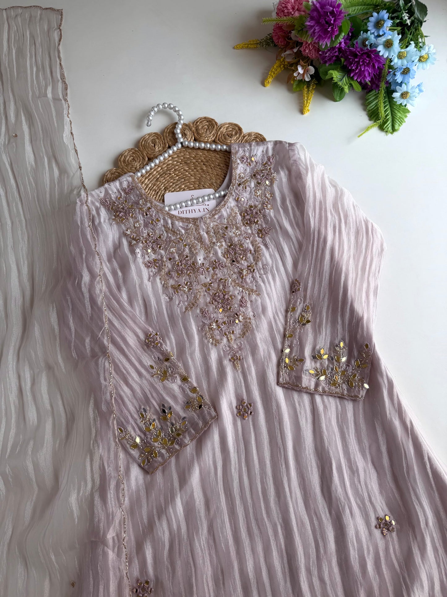 K471 - Crush tissue handwork aline Kurti with pants and dupatta