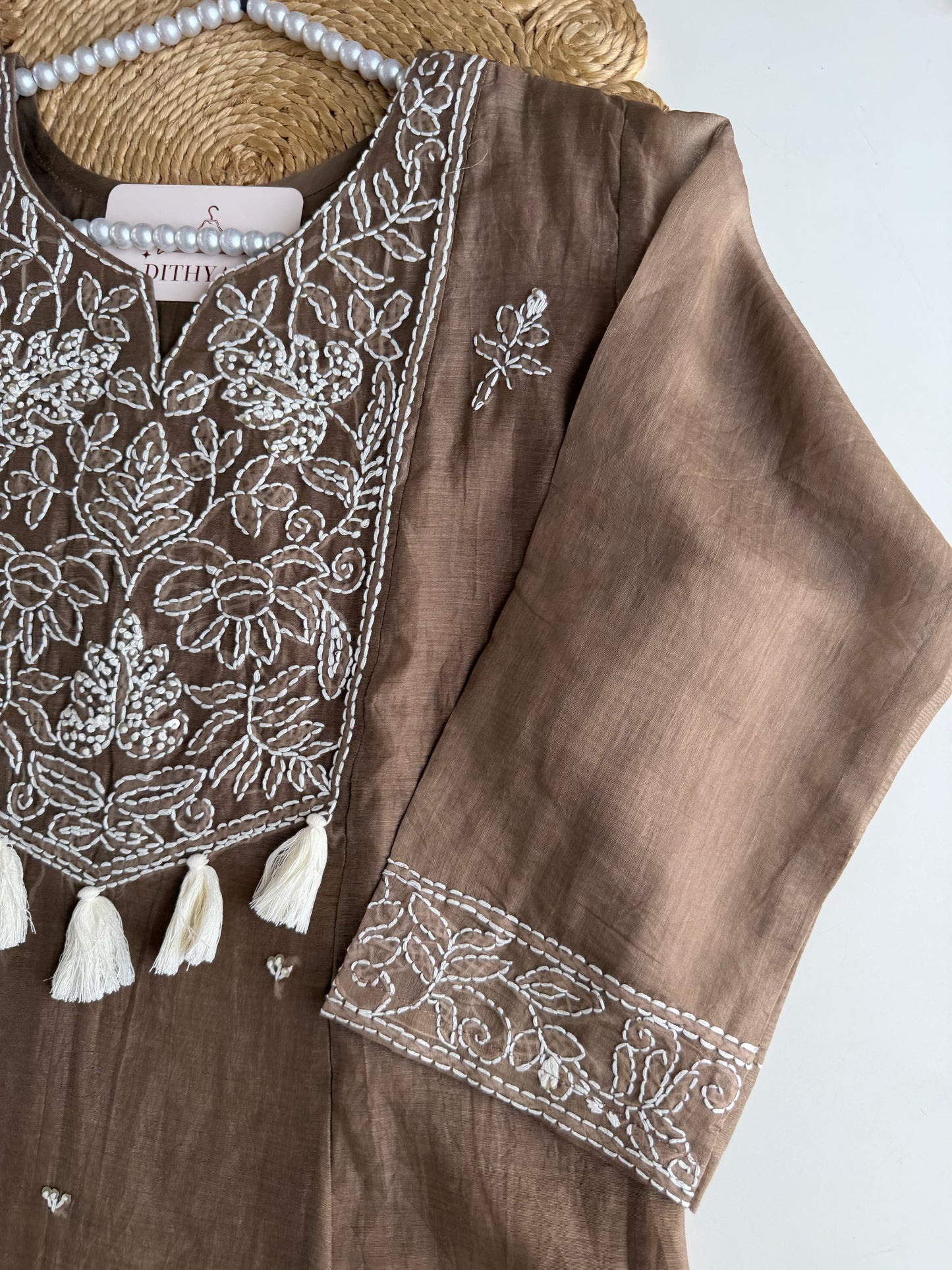 K729 - Mul chanderi embroidered Aline Kurti with pants and dupatta