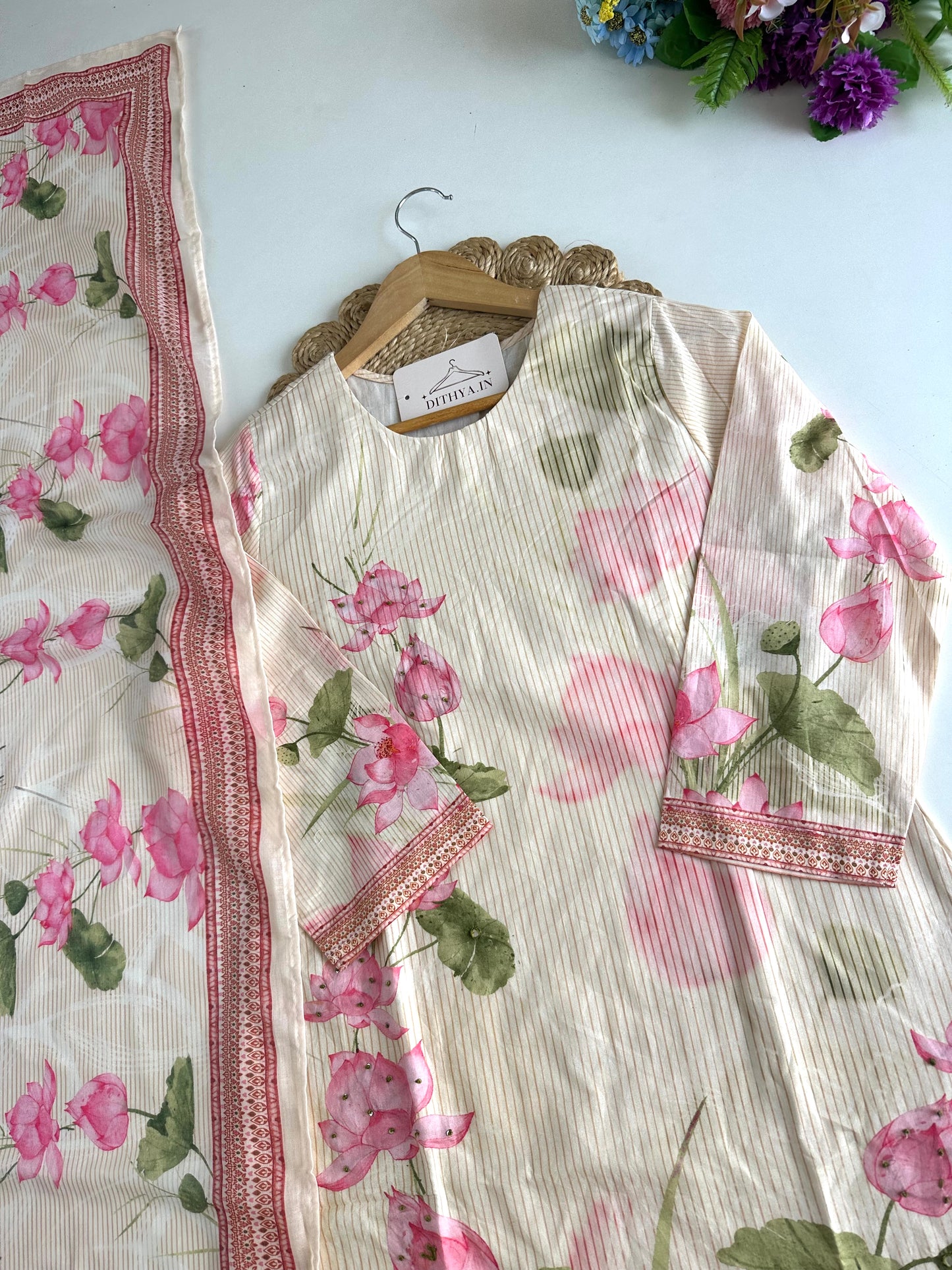 K518 - Mul cotton floral straight Kurti with pants and dupatta