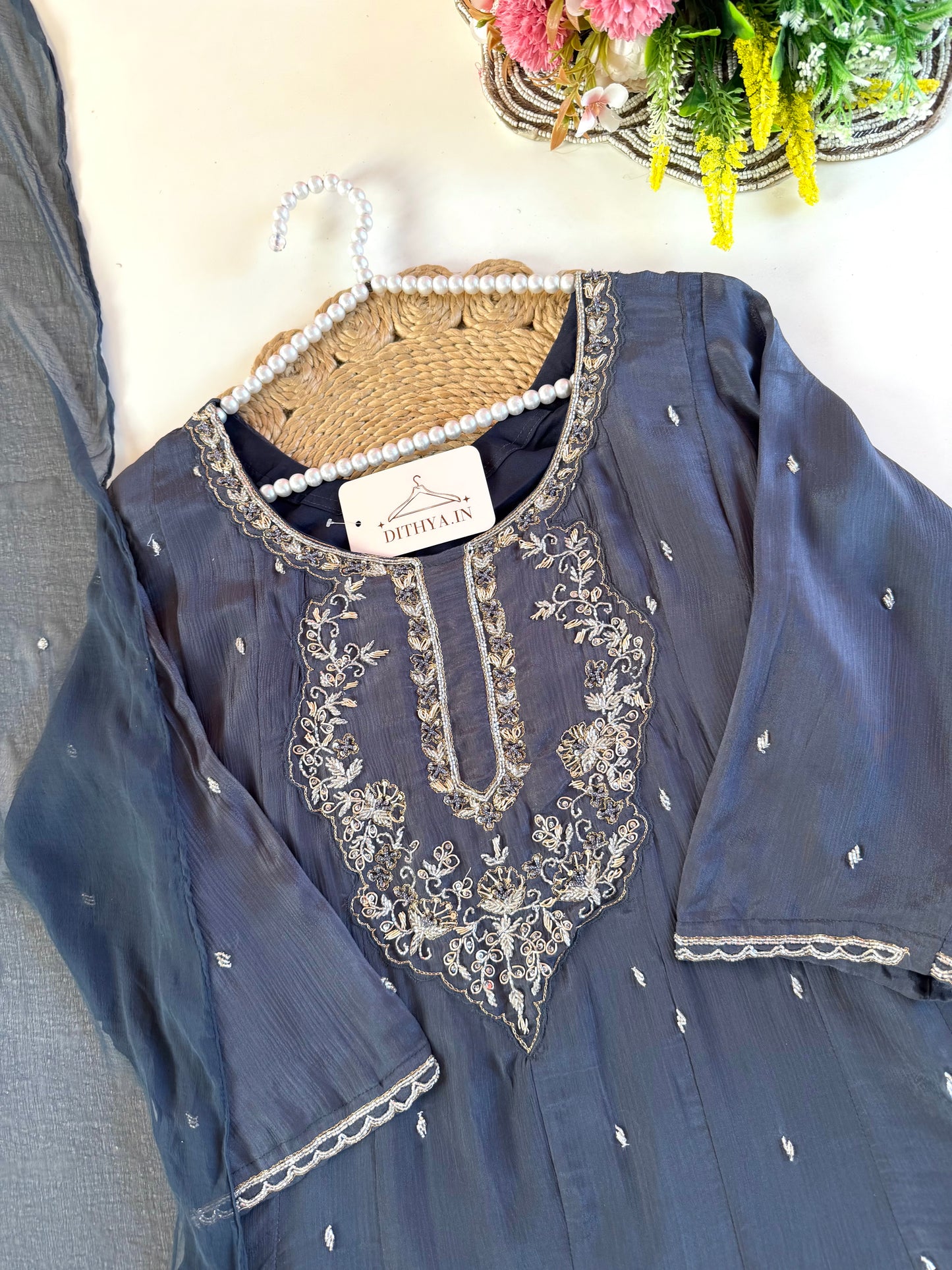 K194 - Pure Chinnon handwork Anarkali with pants and dupatta