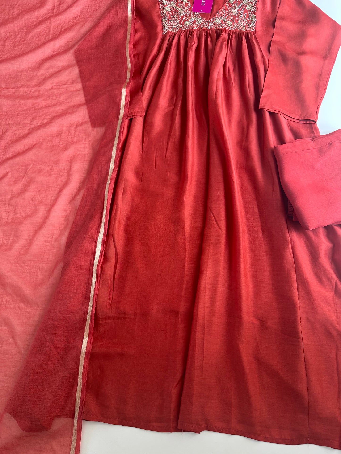 K235 - Mul Chanderi zari work Aline Kurti with pants and dupatta