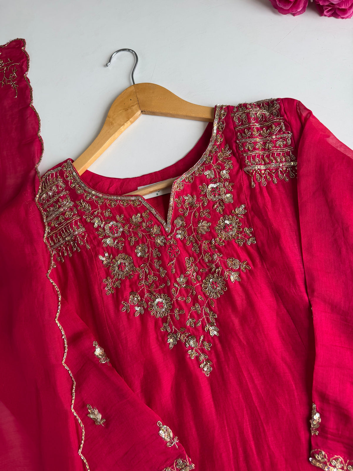 K625 - Mul chanderi handwork aline Kurti with pants and dupatta