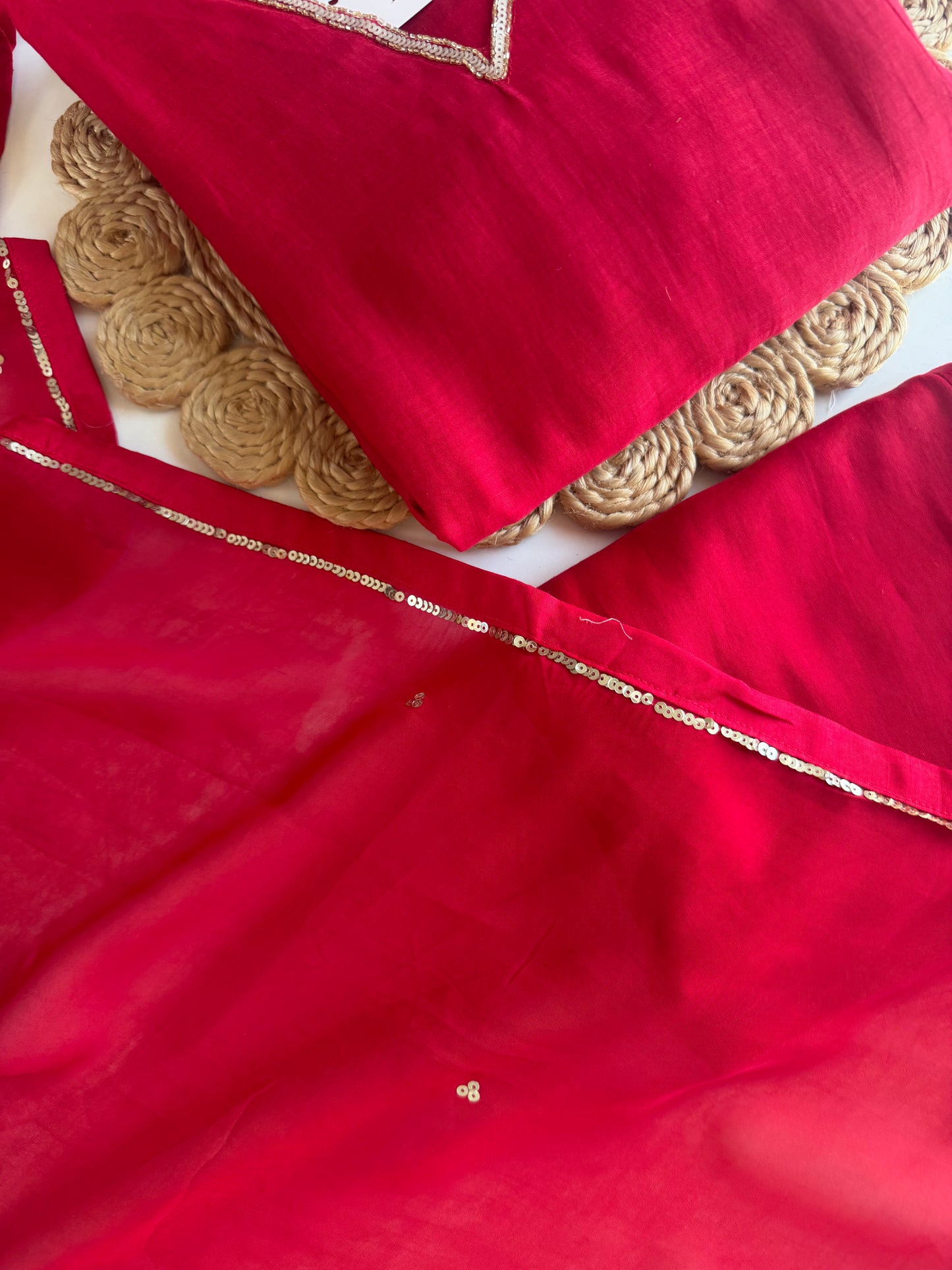 K457 - Mul chanderi handwork aline Kurti with pants and dupatta