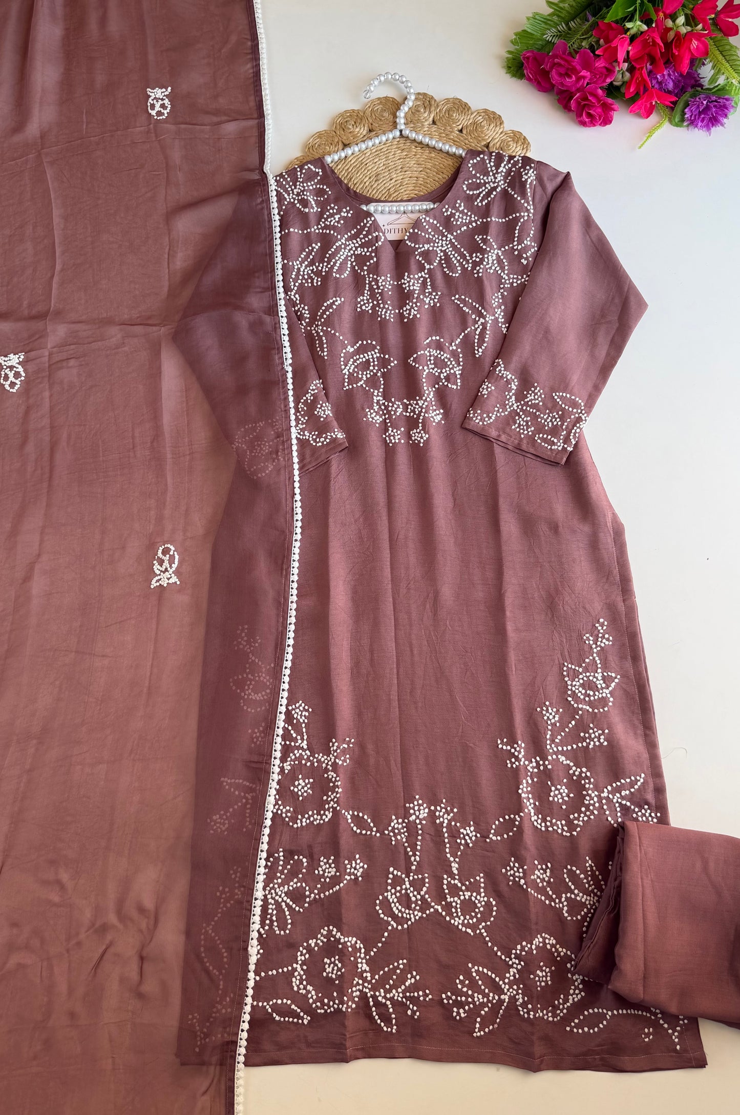 K659 - Russian silk knot work straight Kurti with pants and dupatta