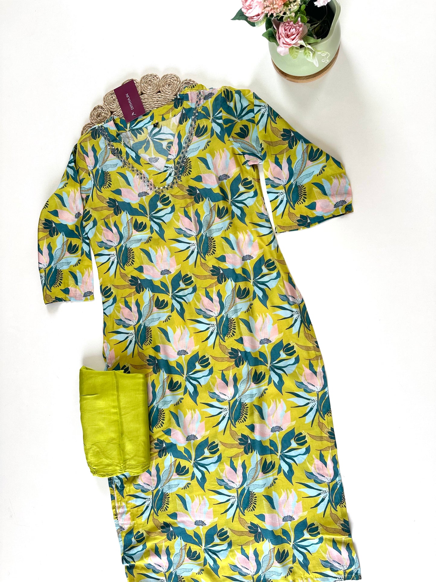 K261 - Super soft Printed muslin straight kurti with pants in 3 styles .