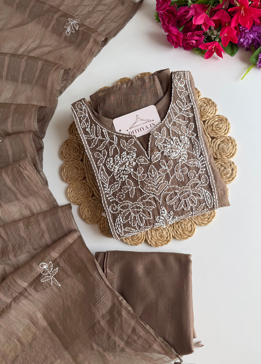 K729 - Mul chanderi embroidered Aline Kurti with pants and dupatta