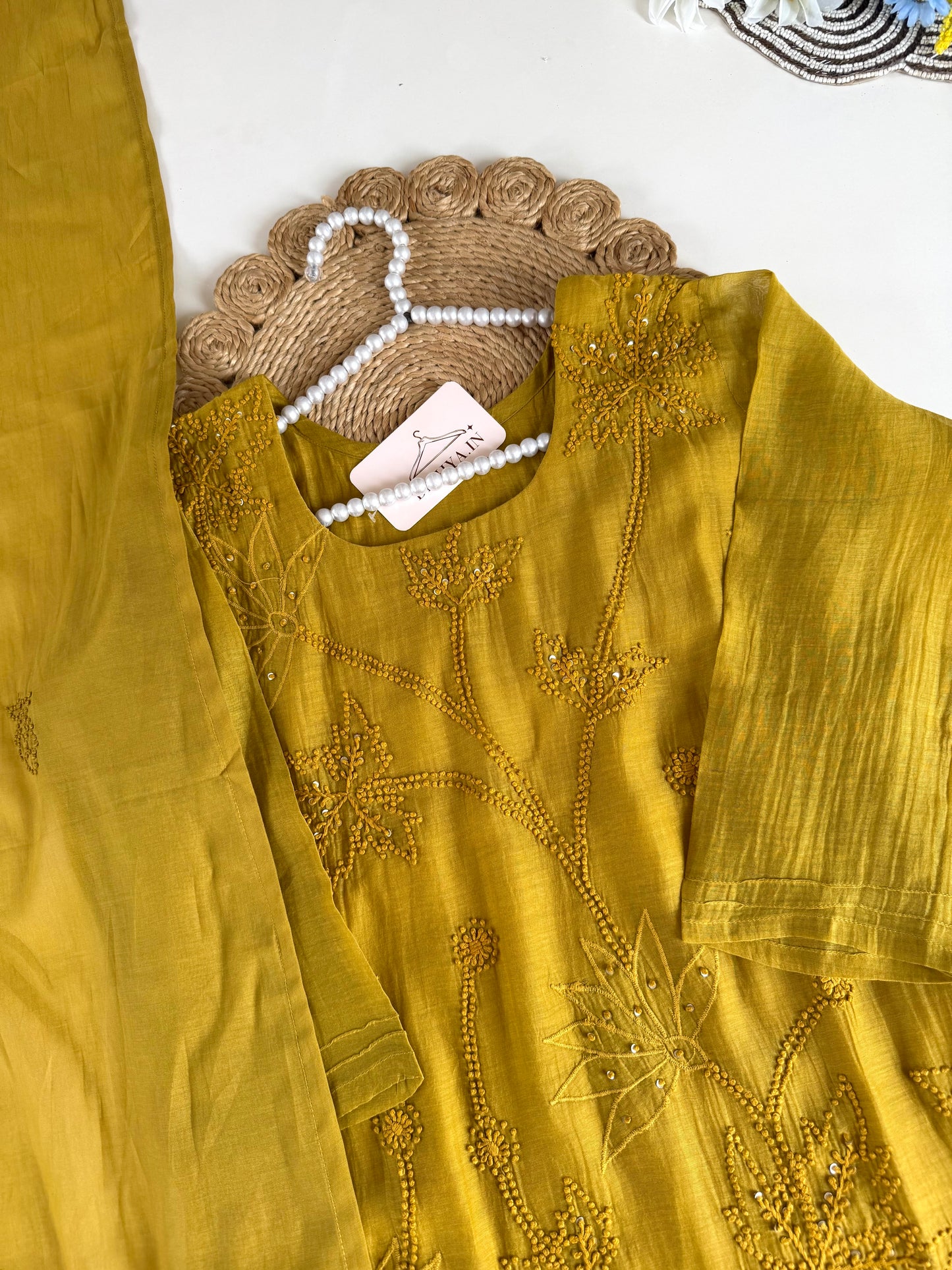 K261 - Mul chanderi knot work straight Kurti with pants and dupatta