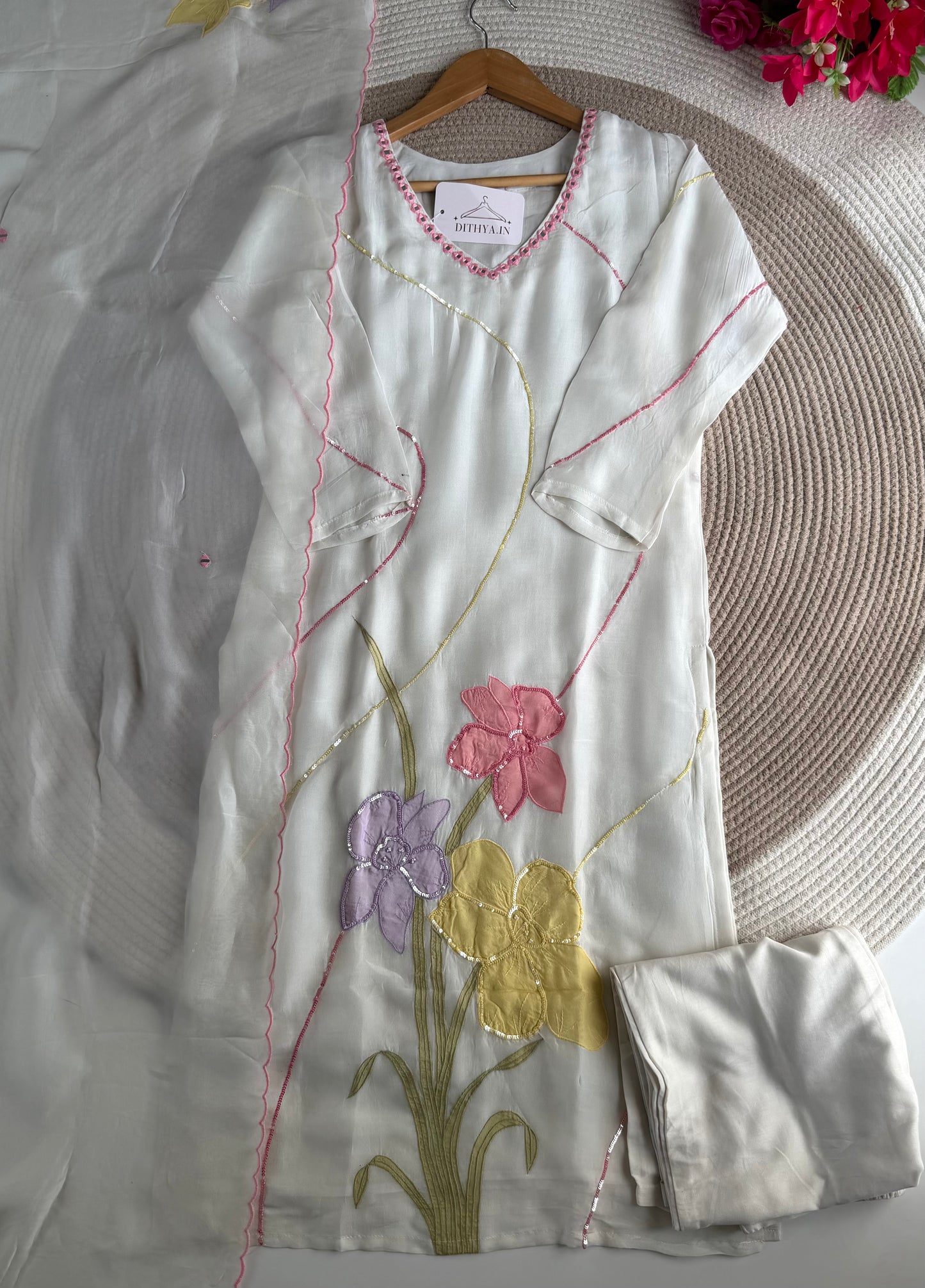 K341 - Viscose organza handwork straight Kurti with pants and dupatta