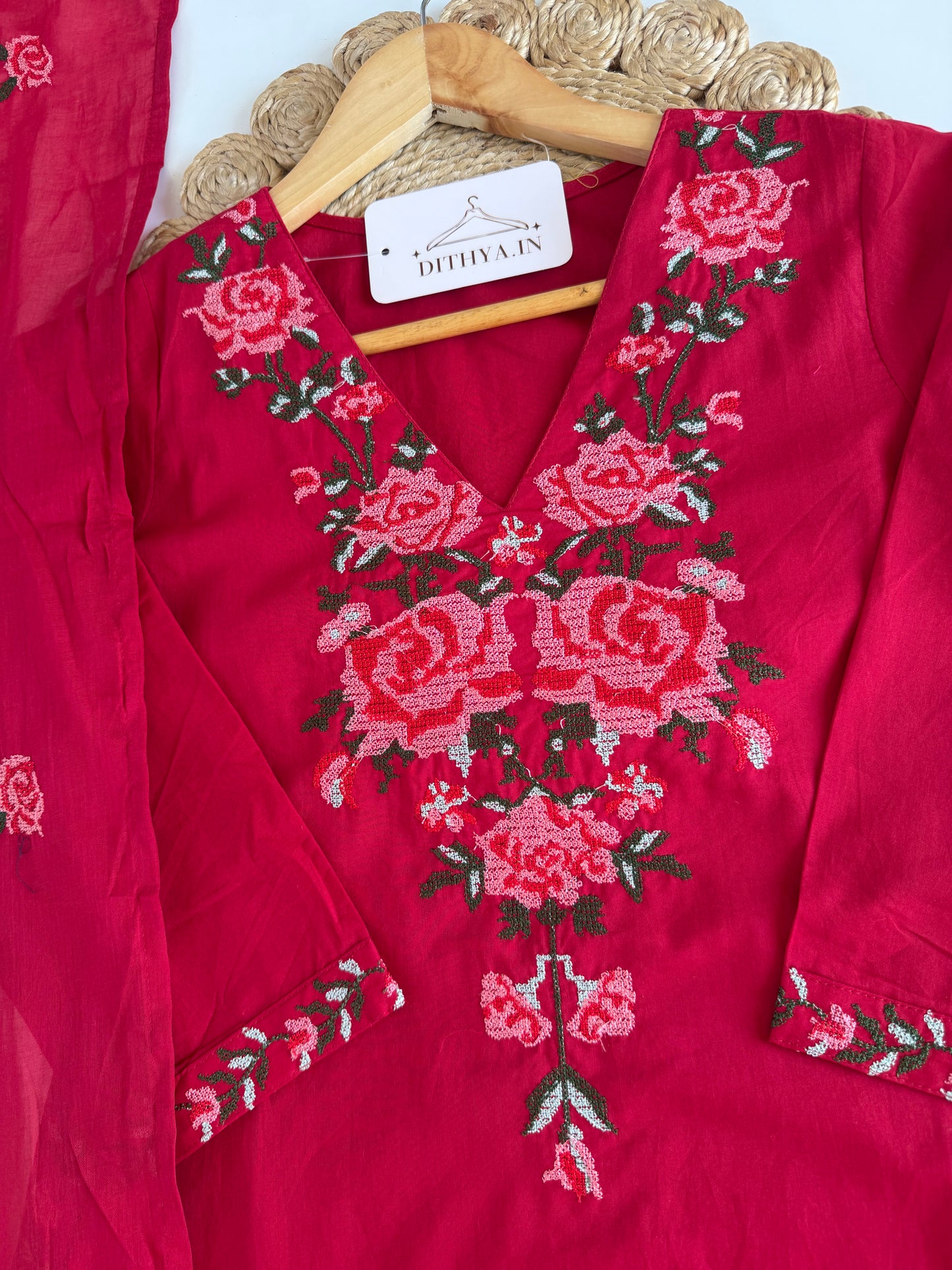 K270 - Mul cotton embroidered straight Kurti with pants and dupatta