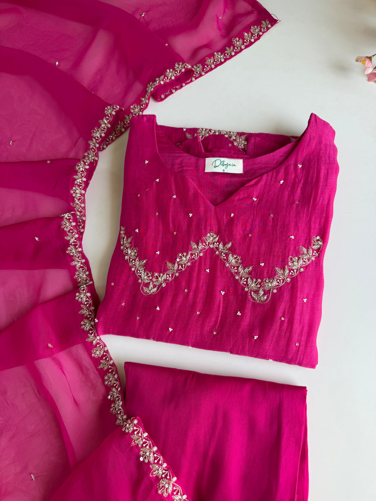 K210-Pure Banarasi Mul chanderi handwork aline Kurti with pants and dupatta
