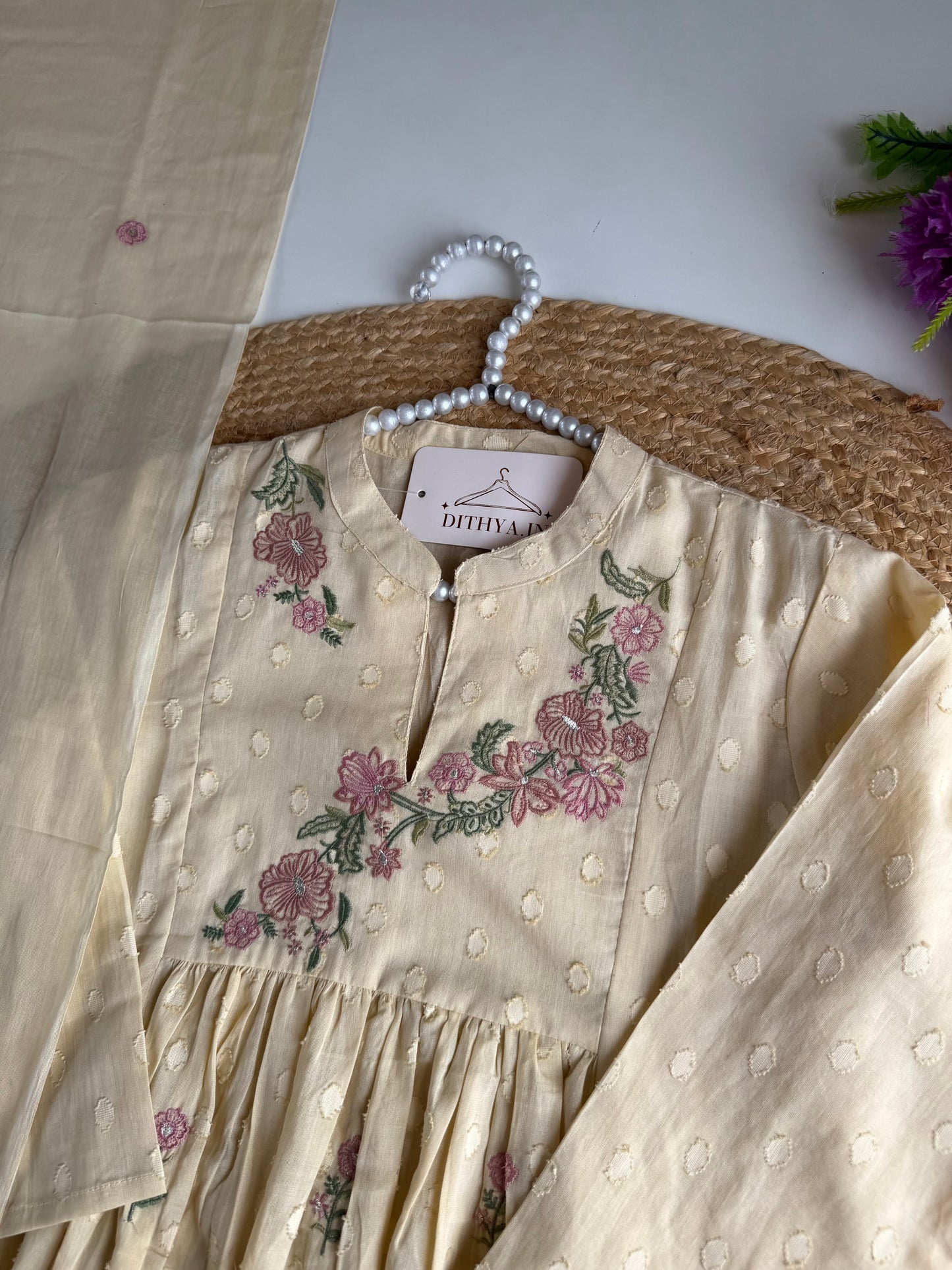 K296 - Mul cotton floral embroidered Anarkali with pants and dupatta