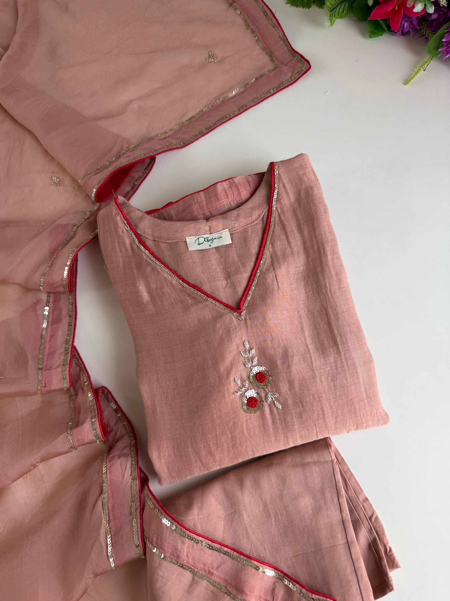 K484 - Mul chanderi handwork aline Kurti with pants and dupatta