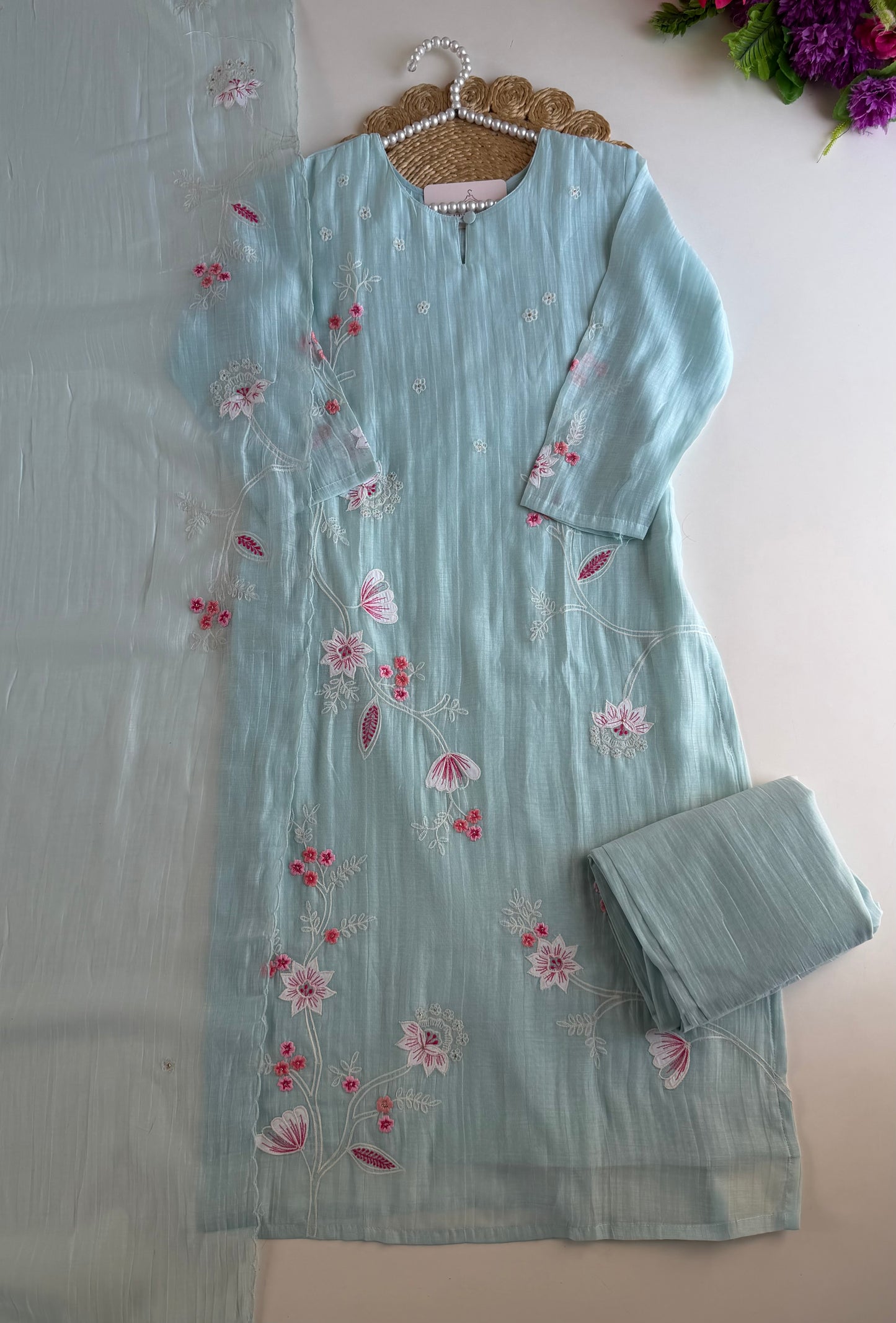 K275 - Mul chanderi embroidered straight Kurti with pants and dupatta