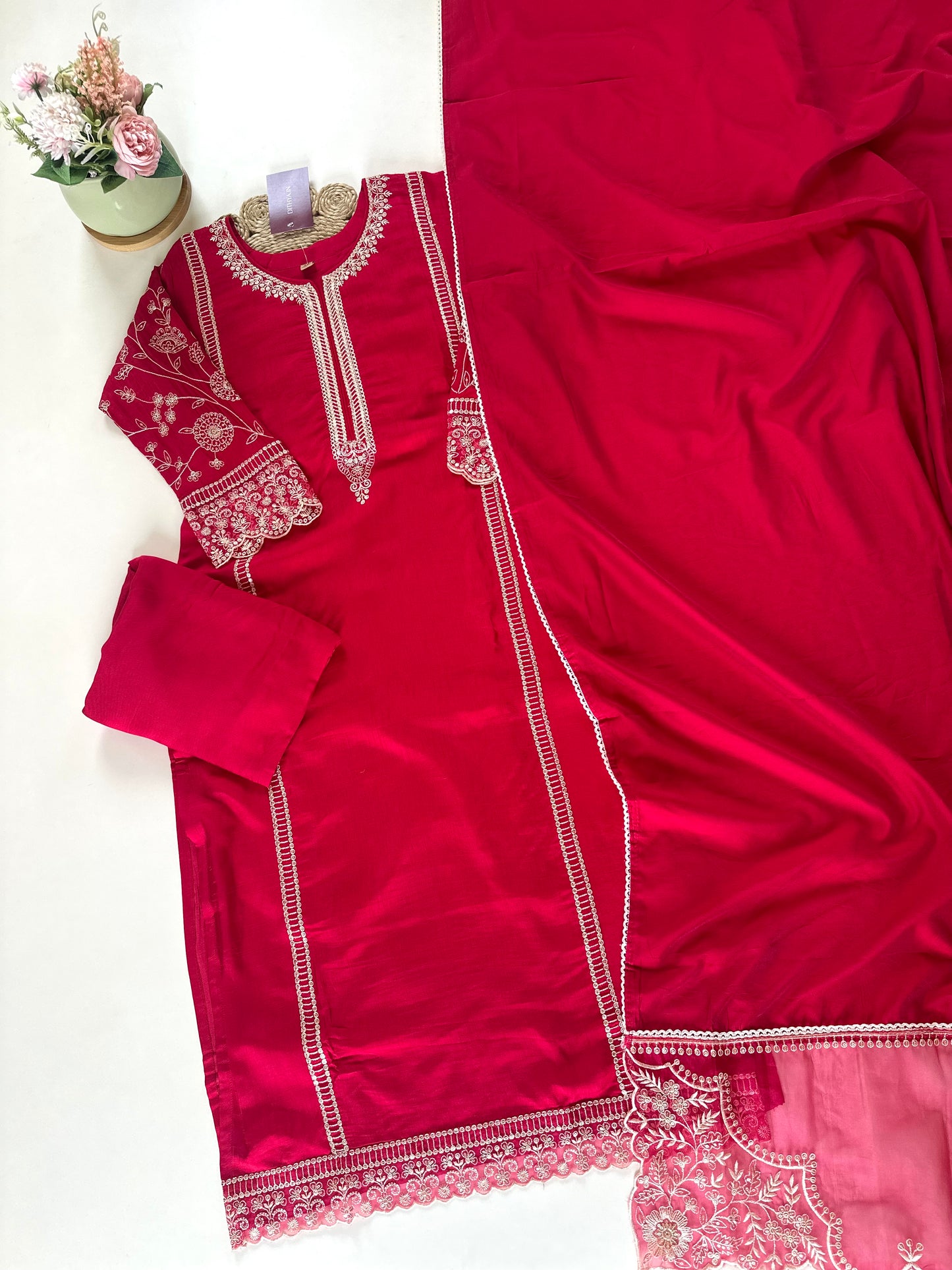 K217 - Dola silk Embroidered straight kurti with pants and dupatta .