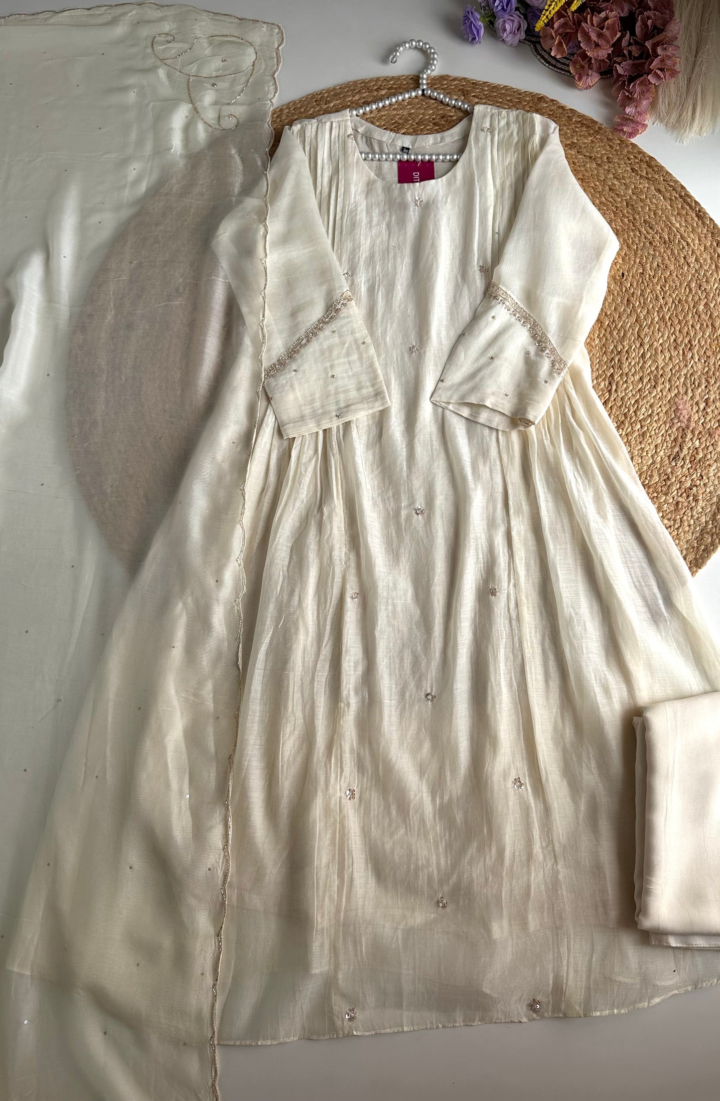 K380 - Mul Chanderi Handwork Aline Kurti with pants and dupatta