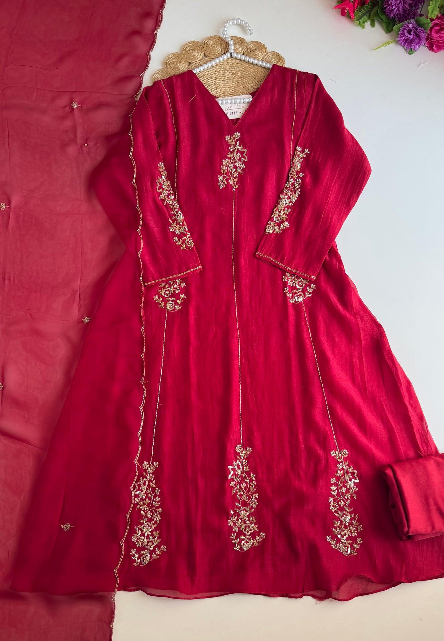 K106 - Mul chanderi handwork Aline Kurti with pants and dupatta