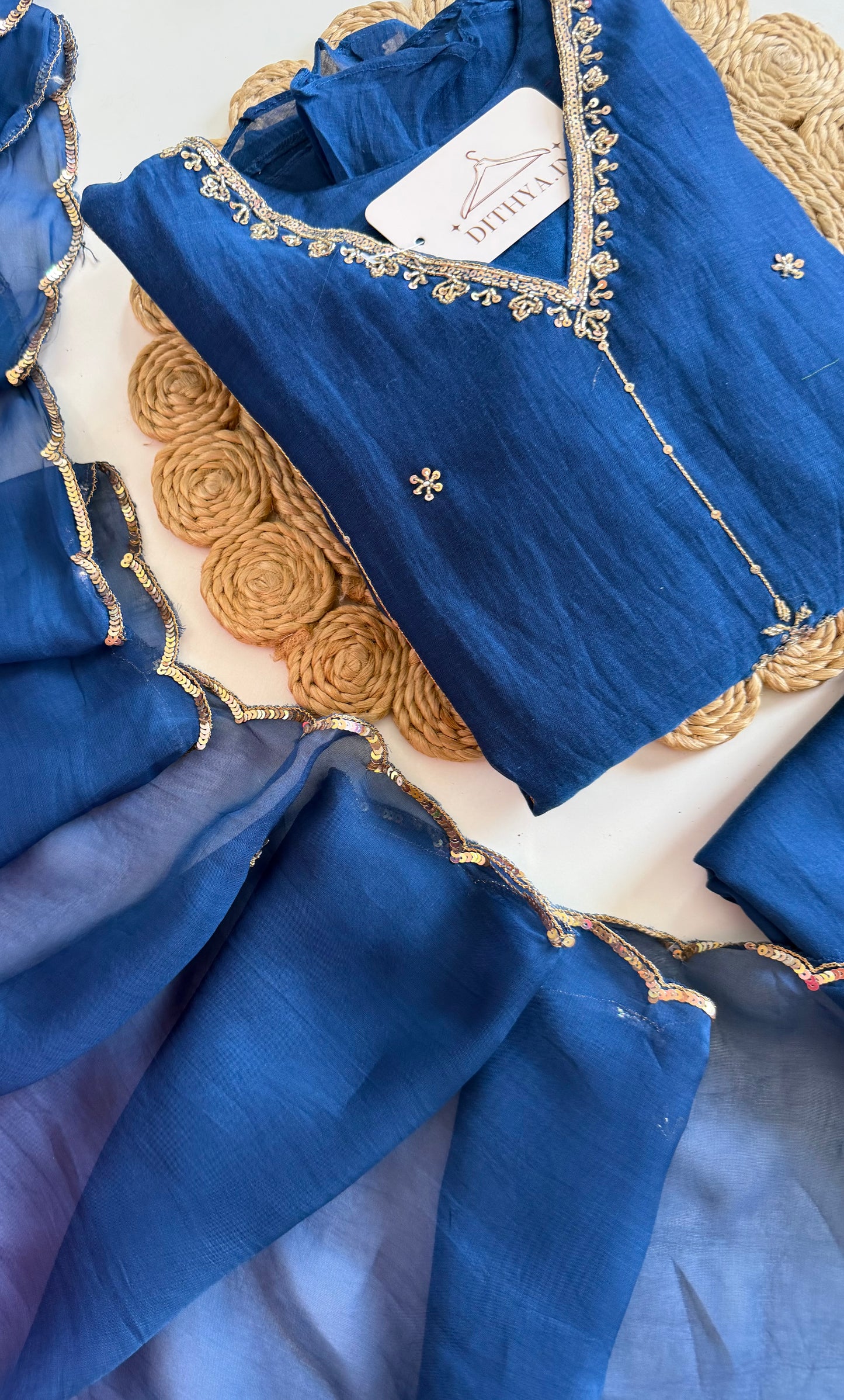 K195 - Mul chanderi handwork aline Kurti with pants and dupatta