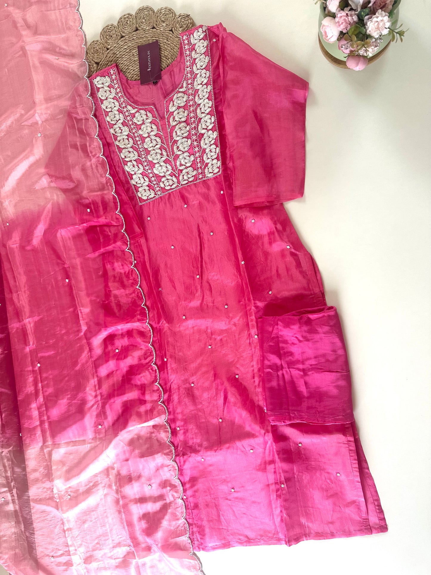 K256 - Tissue silk pearl work straight kurti  with pants and ombre organza dupatta.