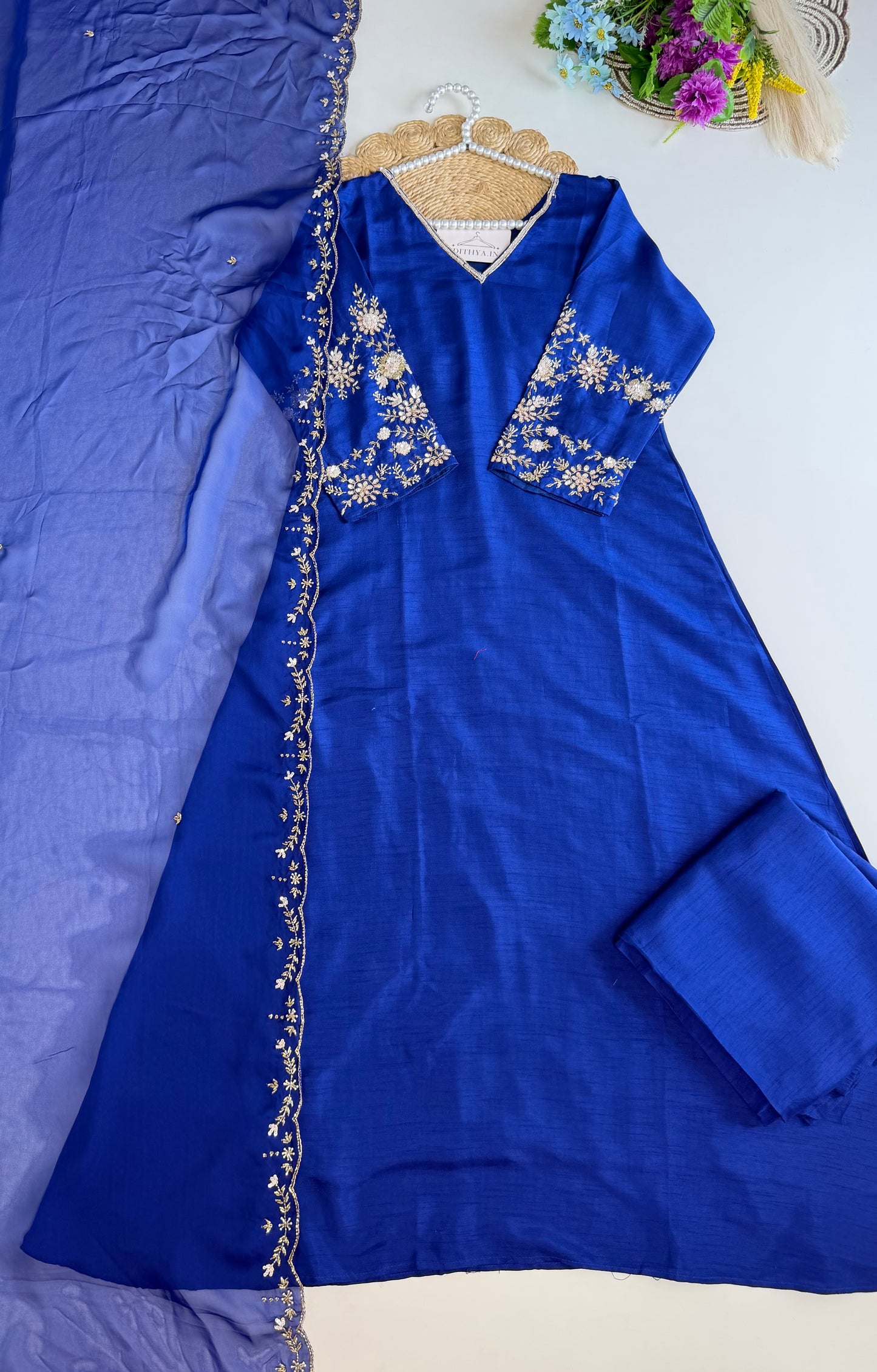 K544 - Russian silk handwork Aline Kurti with pants and dupatta